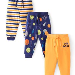 Babyhug Cotton Knit Full Length Lounge Pants with Stripes & Balls Print Pack of 3 - Yellow & Blue-image-33