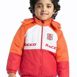 Babyhug Full Sleeves Colour Block & Text Print  Padded Jacket with Detachable Hood - Orange & Red-4