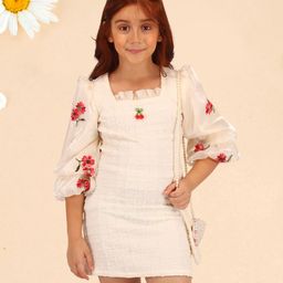 Cutecumber Three Fourth Sleeves Floral Embroidered Knit Textured Dress - Cream-image-67