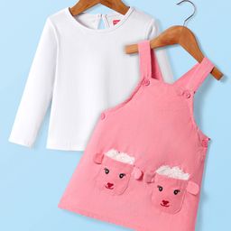 Babyhug Cotton Woven Full Sleeves Antibacterial T-Shirt with Frock & Sheep Applique - White & Pink-image-1