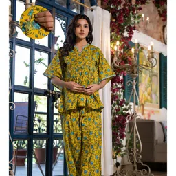 Aujjessa Cotton Three Fourth Sleeves Floral Printed & Lace Embellished Maternity Feeding Night Suit with Concealed Zipper Nursing AccessYellow-picture-20