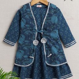The Magic Wand Cotton Three Forth Sleeves Floral Printed & Lace Embellished Dress With Coordinating Jacket - Blue-image-26