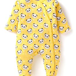 Babyhug Cotton Knit Full Sleeves Front Open Footed Sleep Suit with Panda Print - Yellow-image-55