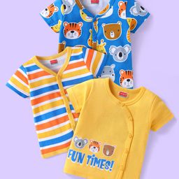 Babyhug 100% Cotton Knit Half Sleeves Front Open Striped Vests with Bear Print Pack of 3 - Blue Yellow & Red-image-16