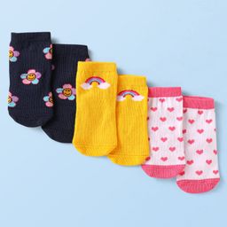 Cute Walk by Babyhug Knit Ankle Length Antibacterial Socks with Floral Rainbow & Hearts Design Pack of 3 - Black Yellow & White-image-6