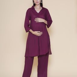 Mine4Nine Three Fourth Sleeves Solid Maternity Kurta & Pant - Wine-image-65