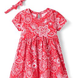 Babyhug Single Jersey Knit Half Sleeves Floral Printed Frock & Headband with Bow Applique - Red-picture-39