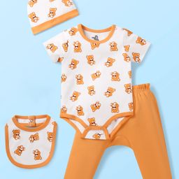 Doodle Poodle 100% Cotton Interlock Knit Half Sleeves Bear Printed Onesie with Diaper Legging Bib & Cap - Orange & White-image-93