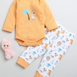 BUMZEE Cotton Knit Full Sleeves Jungle Theme Printed Onesie & Pajama Set - Orange & White-picture-19