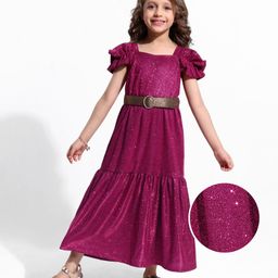 Hola Bonita Knit Cold Shoulder Sleeves Solid Shimmer Party Dress - Wine-image-48