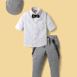 Dapper Dudes Full Sleeves Abstract Printed Shirt With Striped Pant Bow Cap & Suspender Set - Dark Grey-image-20