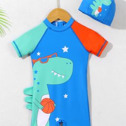 Mark & Mia Half Raglan Sleeves Legged Swimsuit With Dino Print & Cap - Blue-image-10