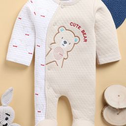 Wonderchild Full Sleeves Bear Embroidered & Printed Sleepsuit - White & Fawn-image-32