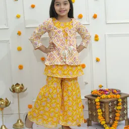 Ka-mee Cotton Woven Floral Printed Gota Lace Embellished Kurti & Sharara With Three Fourth Sleeves Jacket Set - Yellow-picture-40
