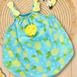 Creative Kids Georgette Woven Sleeveless Lemons Printed Bow Applique Detailed Onesie - Green & Yellow-picture-5