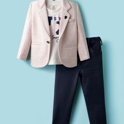Dapper Dudes Full Sleeves Textured Blazer With Typography Printed Tee & Pant Set - Pink-picture-21