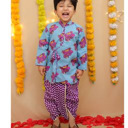 BownBee Pure Cotton Woven Full Sleeves Baby Elephants Printed Gota Lace Embellished Kurta Dhoti Set - Blue-picture-15
