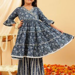 BANDIA Girls Floral Printed Tiered Gotta Patti Pure Cotton Kurta with Sharara-picture-14