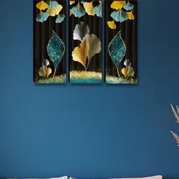 SAF Turquoise Blue 3 Pieces Floral and Botanical Synthetic Wood Wall Paintings-16