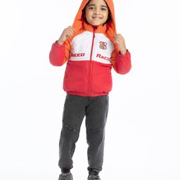 Babyhug Full Sleeves Colour Block & Text Print  Padded Jacket with Detachable Hood - Orange & Red image 3