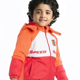 Babyhug Full Sleeves Colour Block & Text Print  Padded Jacket with Detachable Hood - Orange & Red image 4