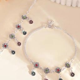 VOJ Silver Plated Oxidized Multicolor Anklet Set of 2-18
