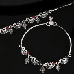 VOJ Silver Plated Oxidized Multicolor Anklet Set of 2-16