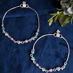 VOJ Silver Plated Heart Shaped Meenakari Anklet Set of 2-40