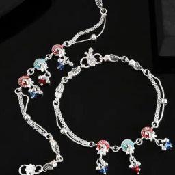 VOJ Silver Plated Peacock Shaped Multicolor Anklet Set of 2-image-11