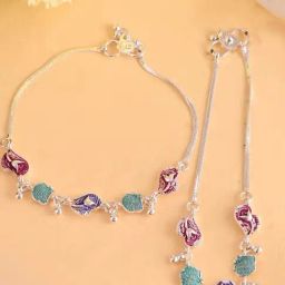 VOJ Silver Plated Designer Multicolor Anklet Set of 2-13