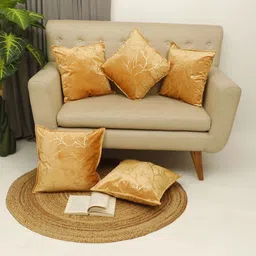 THE CONVERSION Foil Gold-Toned 5 Pieces Floral Textured Velvet Square Cushion Covers-2