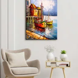 999store Blue & Orange Boat And House Wall Canvas Painting-0