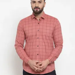 Jainish Peach Cotton Regular Fit Checks Shirt-image-10