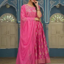 Juniper Pink Chanderi Embroidered Anarkali Kurta With Dupatta-image-0