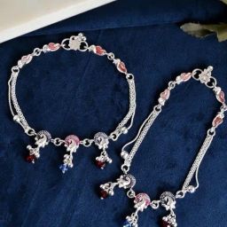 VOJ Silver Plated Peacock Shaped Multicolor Anklet Set of 2-19