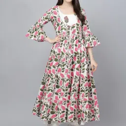 Divena White & Green Cotton Floral Print Anarkali Kurta With Jacket-image-47