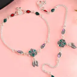 VOJ Traditional Stone Studded Flower Shaped Anklet Set of 2-image-98