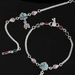 VOJ Traditional Stone Studded Flower Shaped Anklet Set of 2-48