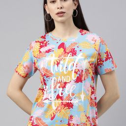 JUNEBERRY Women Multicoloured Tropical Printed Tropical T-shirt-picture-48
