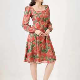 Globus Women Beige Georgette Floral Printed Square Neck Bishop Sleeves Fit & Flare Midi Dress-image-60