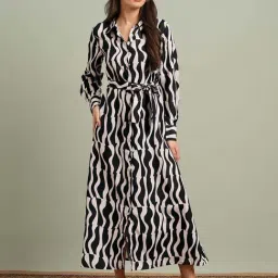 Globus Women Black & White Collared Neck Cuffed Sleeves Abstract Print Maxi Shirt Dress With Belt-picture-16