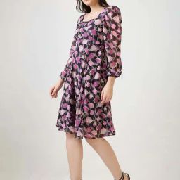 Globus Women Purple Georgette Floral Printed Square Neck Bishop Sleeves Fit & Flare Midi Dress-picture-1