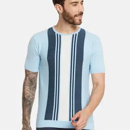 Mettle Blue Cotton Regular Fit Striped T-Shirt-image-84