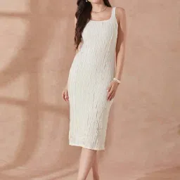 Globus Women White Square Neck Lace Detail Back Slit Midi Bodycon Party Dress-image-1