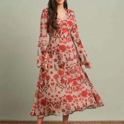 Globus Women Beige & Red V-Neck Bell Sleeves Floral Print Georgette Midi A-Line Dress-3