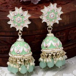 Zeneme Gold Plated Turquoise Blue Enamelled & Pearls Flower Jhumki Earrings-26