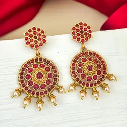 Zeviel Gold-Plated Artificial Stones Studded & Beaded Circular Antique Drop Earrings-38