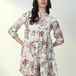 SHOWOFF Off White & Green Floral Print A Line Dress-picture-5