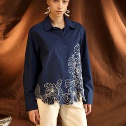 Kazo Blue Polyester Embroidered Shirt-image-76