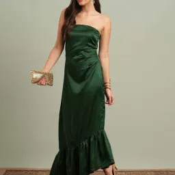 Globus Women Green Off-Shoulder Solid Pleated & Ruffle Detail Satin A-Line Maxi Party Dress-image-36